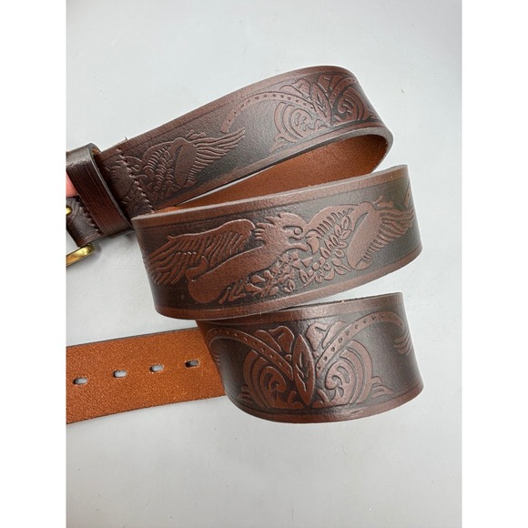 Wrangler Genuine Leather Belt Mens 38 Eagle Embossed Brown Brass Buckle - Picture 1 of 6